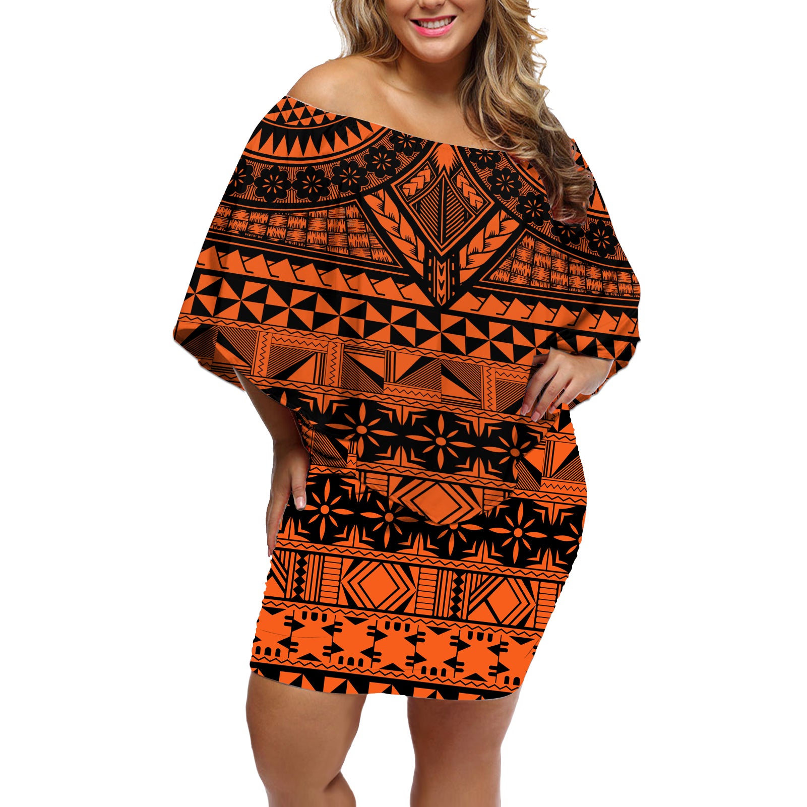 Halo Olaketa Solomon Islands Off Shoulder Short Dress Melanesian Tribal Pattern Orange Version LT14 Women Orange - Polynesian Pride