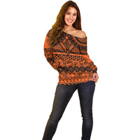Halo Olaketa Solomon Islands Off Shoulder Sweater Melanesian Tribal Pattern Orange Version LT14 - Polynesian Pride