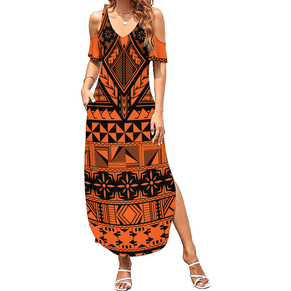 Halo Olaketa Solomon Islands Summer Maxi Dress Melanesian Tribal Pattern Orange Version LT14 Women Orange - Polynesian Pride