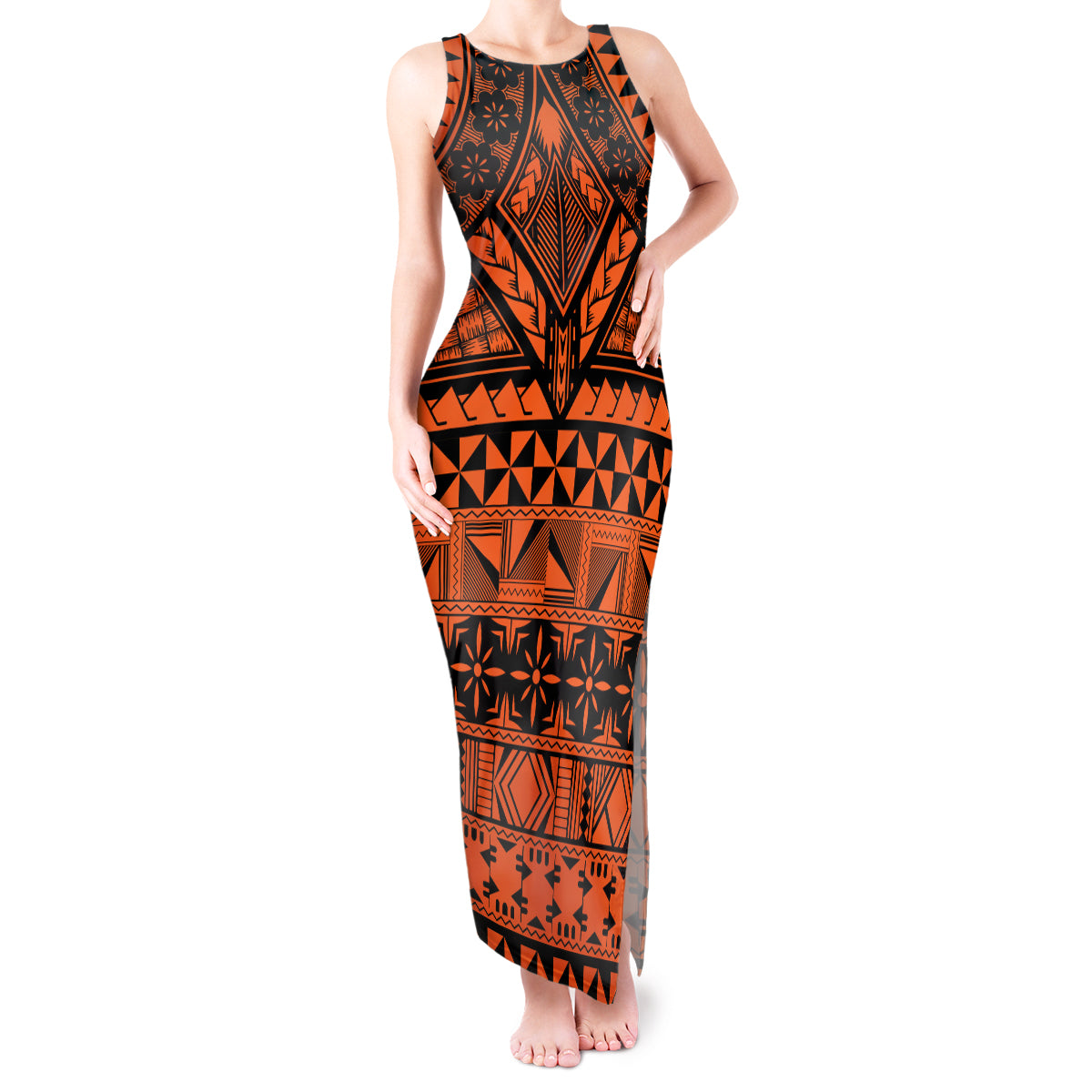 Halo Olaketa Solomon Islands Tank Maxi Dress Melanesian Tribal Pattern Orange Version LT14 Women Orange - Polynesian Pride