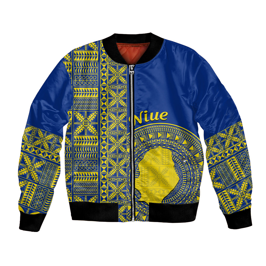 Fakaalofa Lahi Atu Niue Bomber Jacket Niuean Map With Hiapo Pattern Blue Version LT14 Unisex Blue - Polynesian Pride