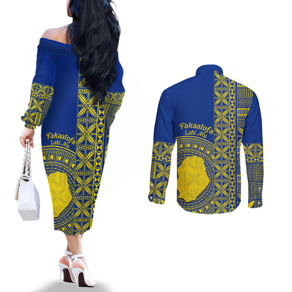 Fakaalofa Lahi Atu Niue Couples Matching Off The Shoulder Long Sleeve Dress and Long Sleeve Button Shirt Niuean Map With Hiapo Pattern Blue Version LT14 - Polynesian Pride