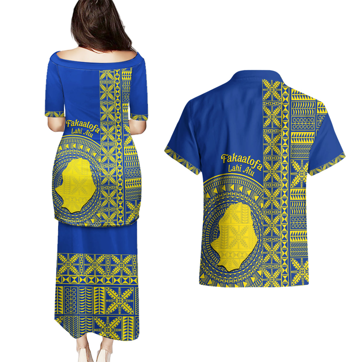 Fakaalofa Lahi Atu Niue Couples Matching Puletasi and Hawaiian Shirt Niuean Map With Hiapo Pattern Blue Version LT14 - Polynesian Pride