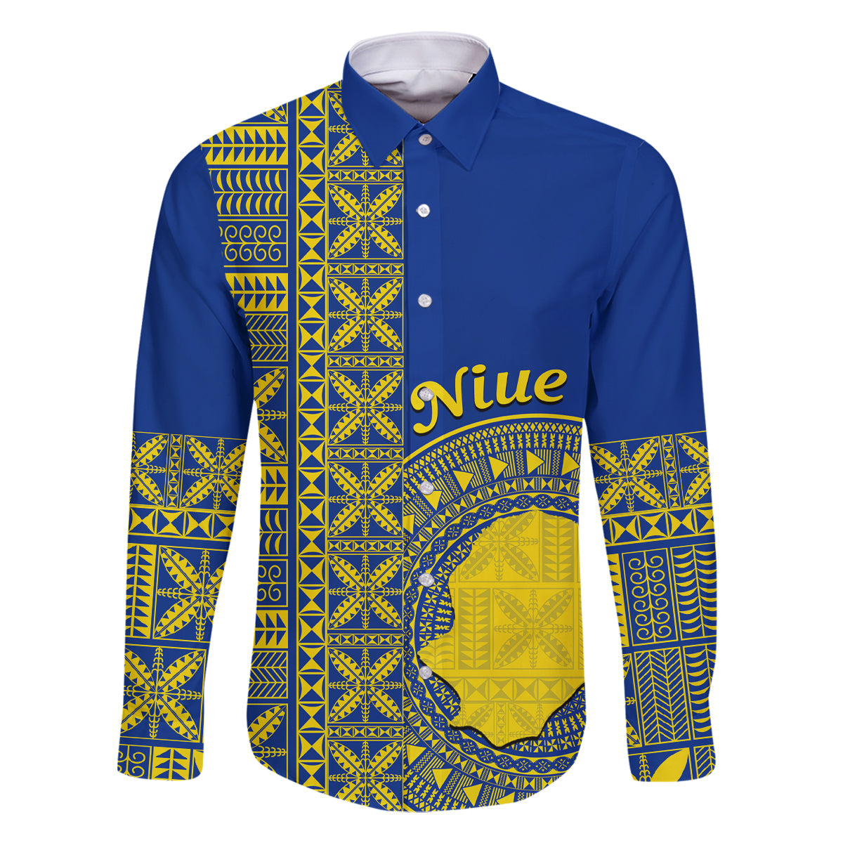 Fakaalofa Lahi Atu Niue Family Matching Off Shoulder Maxi Dress and Hawaiian Shirt Niuean Map With Hiapo Pattern Blue Version LT14 Dad's Shirt - Long Sleeve Blue - Polynesian Pride