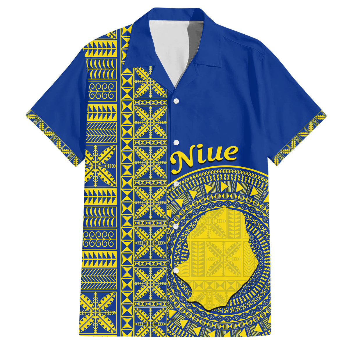 Fakaalofa Lahi Atu Niue Family Matching Short Sleeve Bodycon Dress and Hawaiian Shirt Niuean Map With Hiapo Pattern Blue Version LT14 Dad's Shirt - Short Sleeve Blue - Polynesian Pride