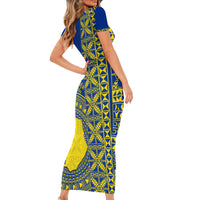 Fakaalofa Lahi Atu Niue Family Matching Short Sleeve Bodycon Dress and Hawaiian Shirt Niuean Map With Hiapo Pattern Blue Version LT14 - Polynesian Pride