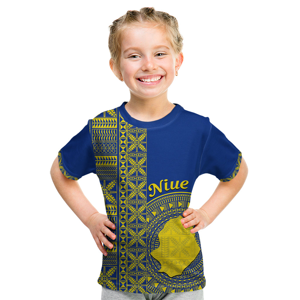Fakaalofa Lahi Atu Niue Kid T Shirt Niuean Map With Hiapo Pattern Blue Version LT14 Blue - Polynesian Pride