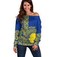 Fakaalofa Lahi Atu Niue Off Shoulder Sweater Niuean Map With Hiapo Pattern Blue Version LT14 Women Blue - Polynesian Pride