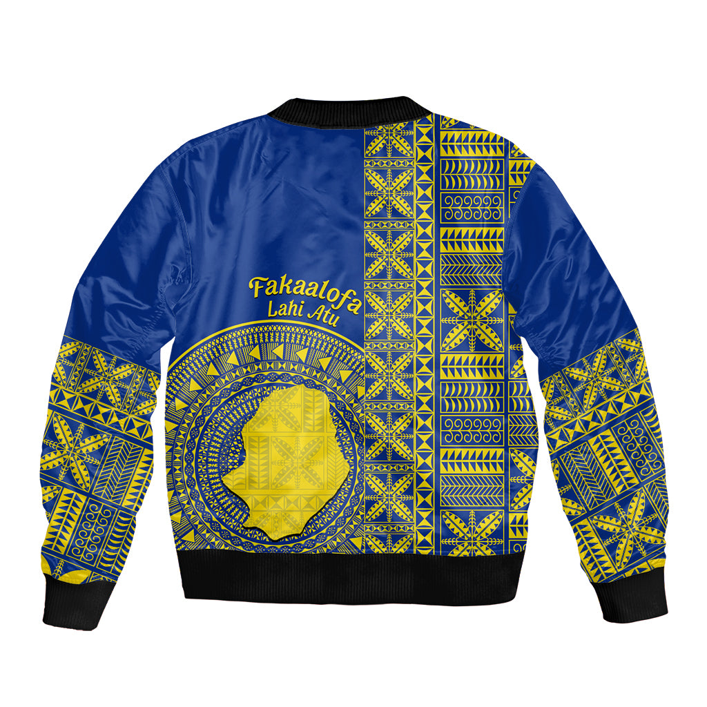 Fakaalofa Lahi Atu Niue Sleeve Zip Bomber Jacket Niuean Map With Hiapo Pattern Blue Version LT14 - Polynesian Pride