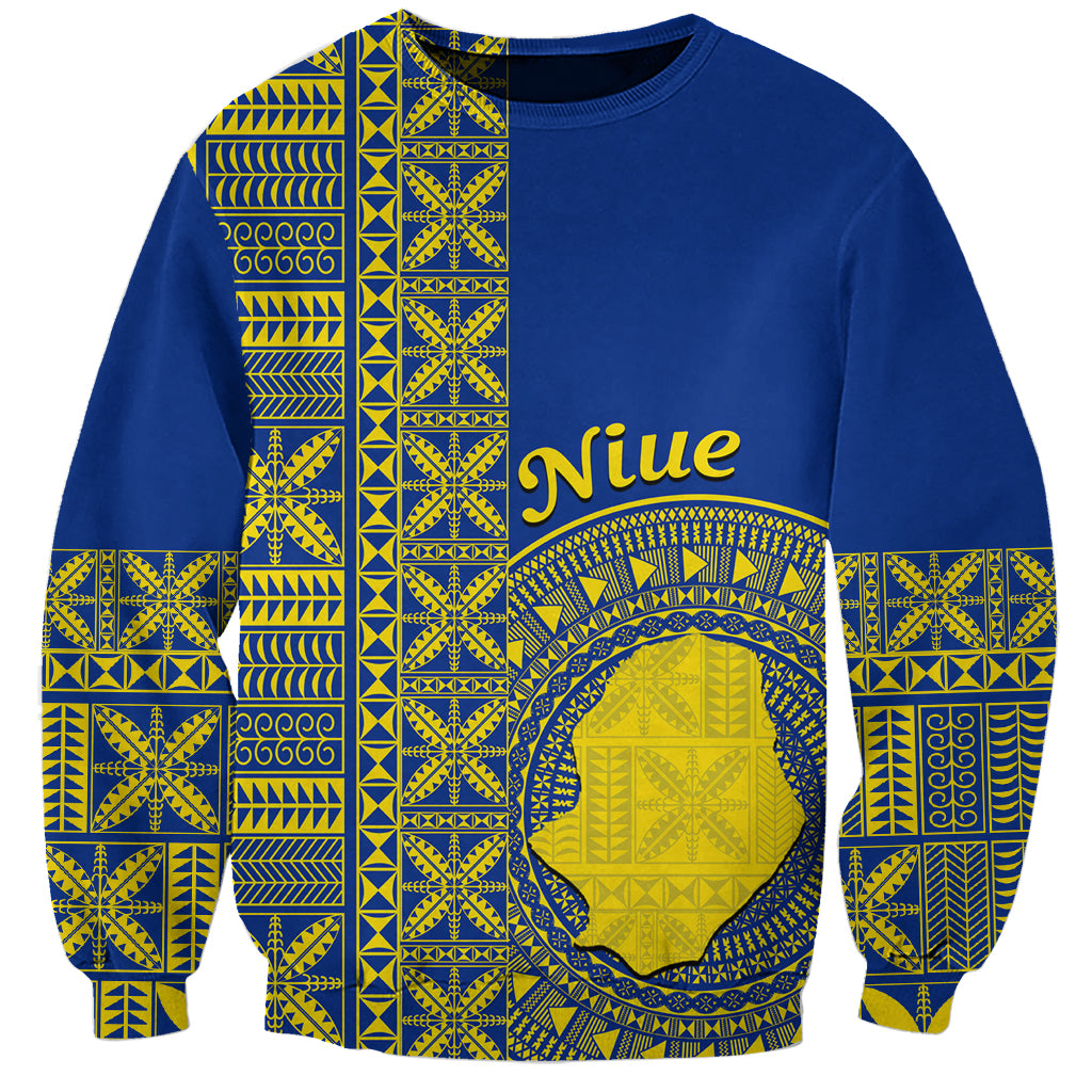 Fakaalofa Lahi Atu Niue Sweatshirt Niuean Map With Hiapo Pattern Blue Version LT14 Unisex Blue - Polynesian Pride