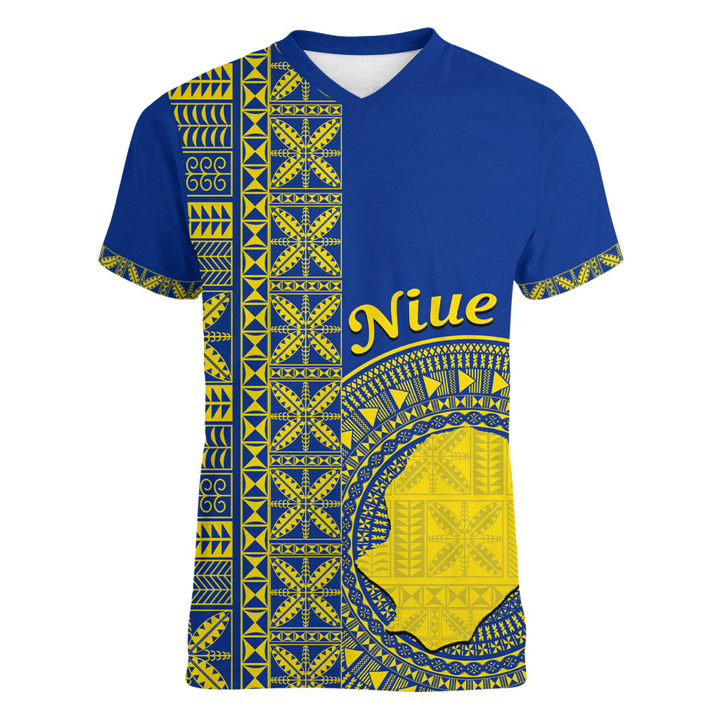 Fakaalofa Lahi Atu Niue Women V Neck T Shirt Niuean Map With Hiapo Pattern Blue Version LT14 Female Blue - Polynesian Pride