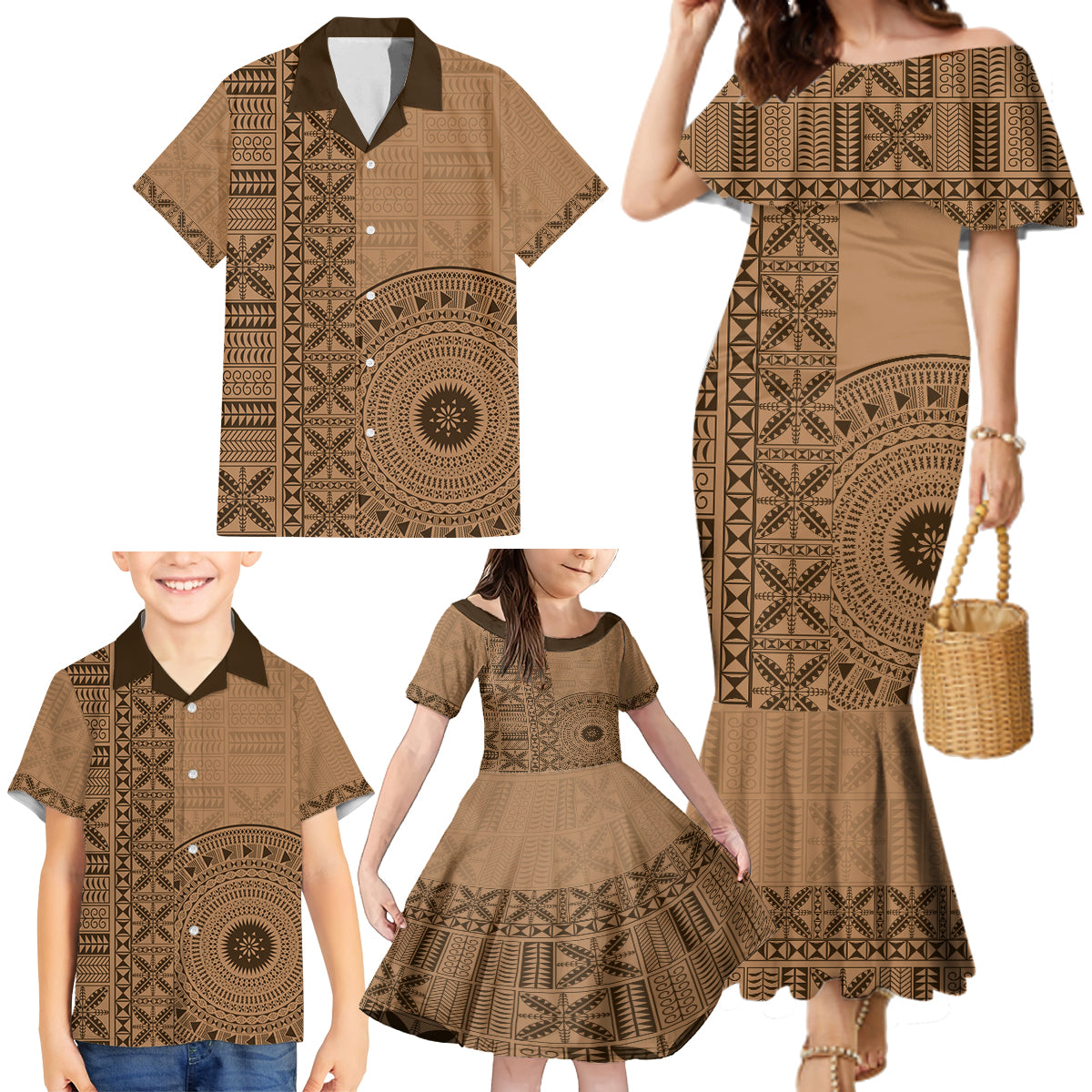 Fakaalofa Lahi Atu Niue Family Matching Mermaid Dress and Hawaiian Shirt Vintage Hiapo Pattern Brown Version LT14 - Polynesian Pride