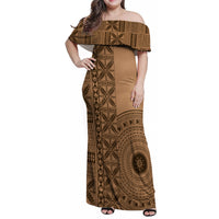 Fakaalofa Lahi Atu Niue Family Matching Off Shoulder Maxi Dress and Hawaiian Shirt Vintage Hiapo Pattern Brown Version LT14 Mom's Dress Brown - Polynesian Pride