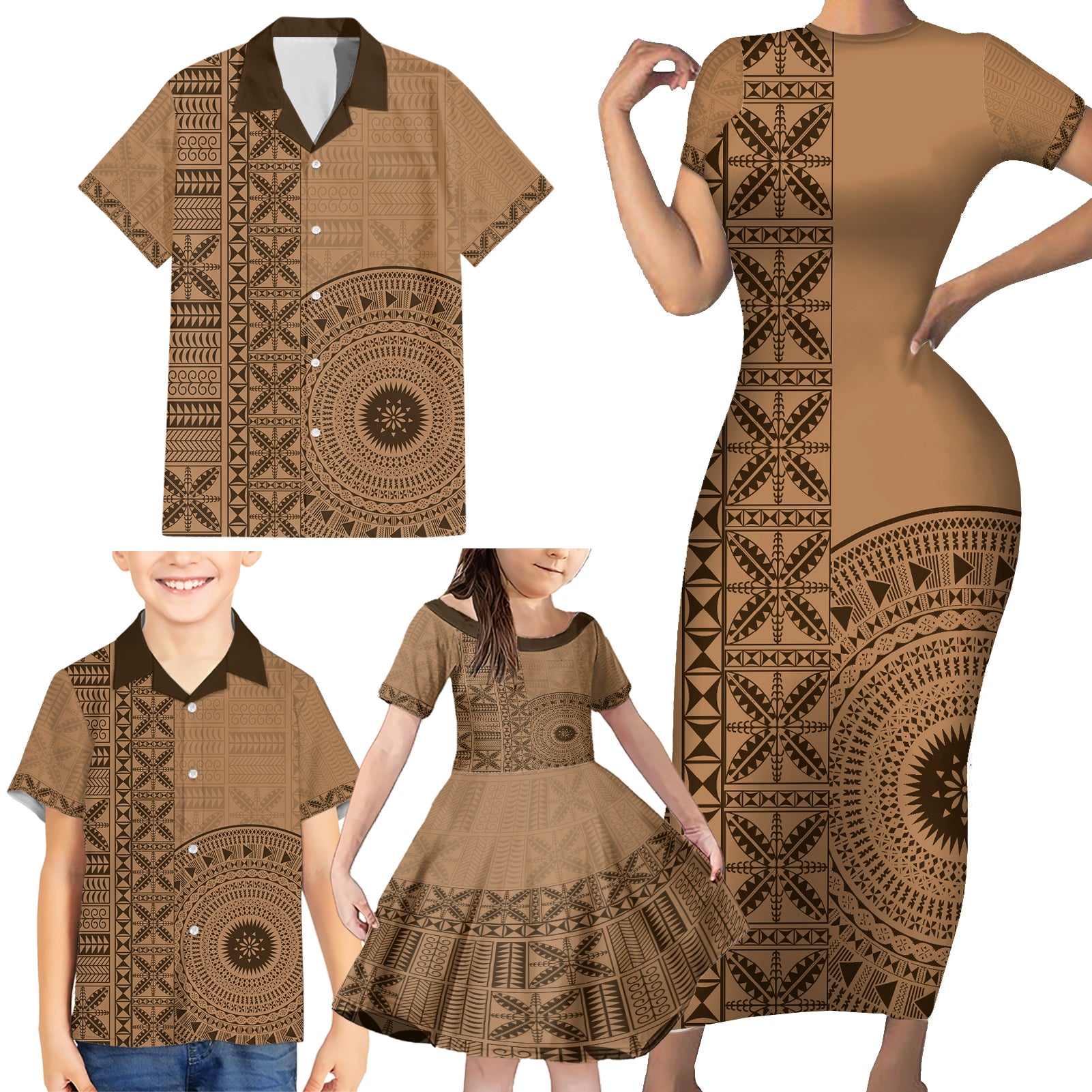 Fakaalofa Lahi Atu Niue Family Matching Short Sleeve Bodycon Dress and Hawaiian Shirt Vintage Hiapo Pattern Brown Version LT14 - Polynesian Pride