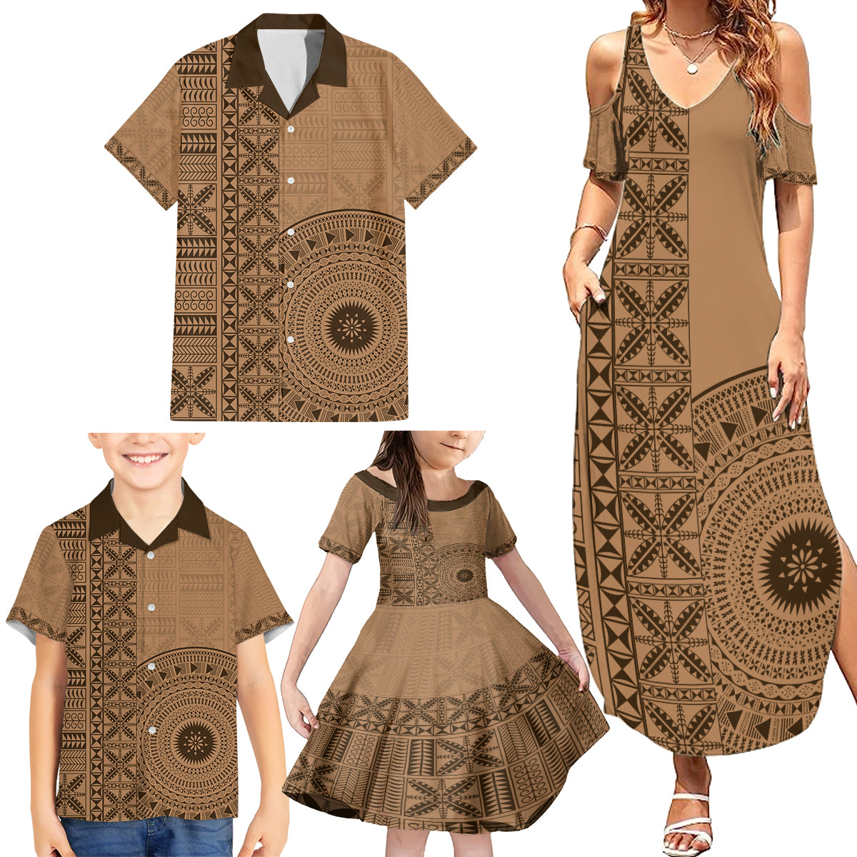 Fakaalofa Lahi Atu Niue Family Matching Summer Maxi Dress and Hawaiian Shirt Vintage Hiapo Pattern Brown Version LT14 - Polynesian Pride