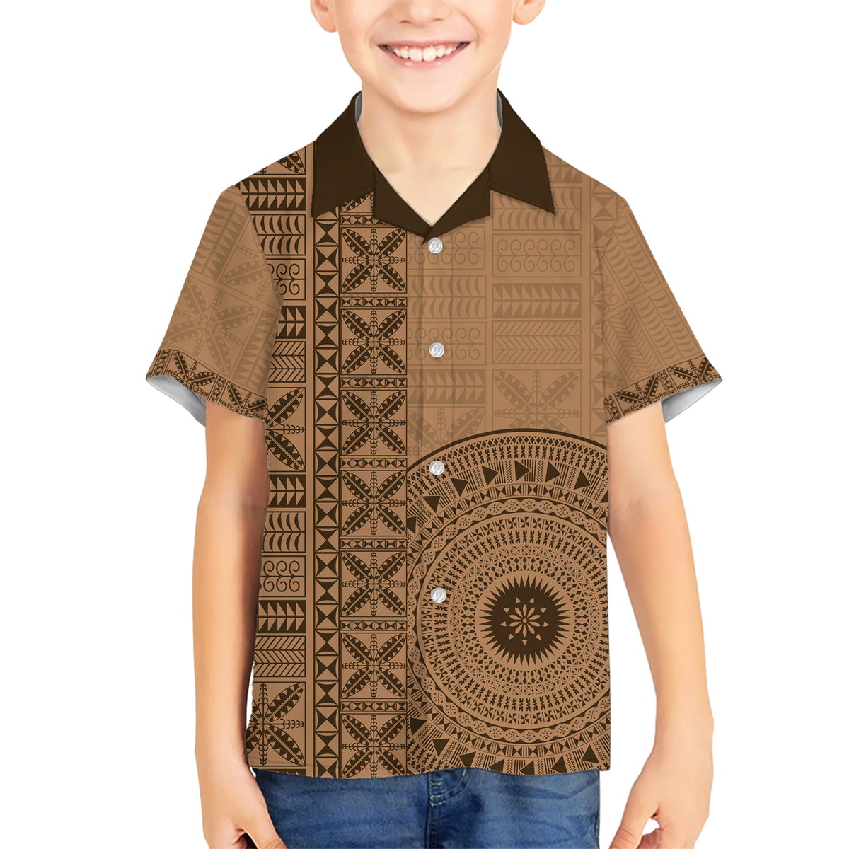 Fakaalofa Lahi Atu Niue Kid Hawaiian Shirt Vintage Hiapo Pattern Brown Version LT14 Kid Brown - Polynesian Pride