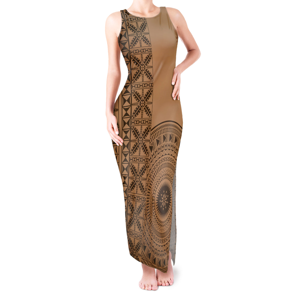 Fakaalofa Lahi Atu Niue Tank Maxi Dress Vintage Hiapo Pattern Brown Version LT14 Women Brown - Polynesian Pride