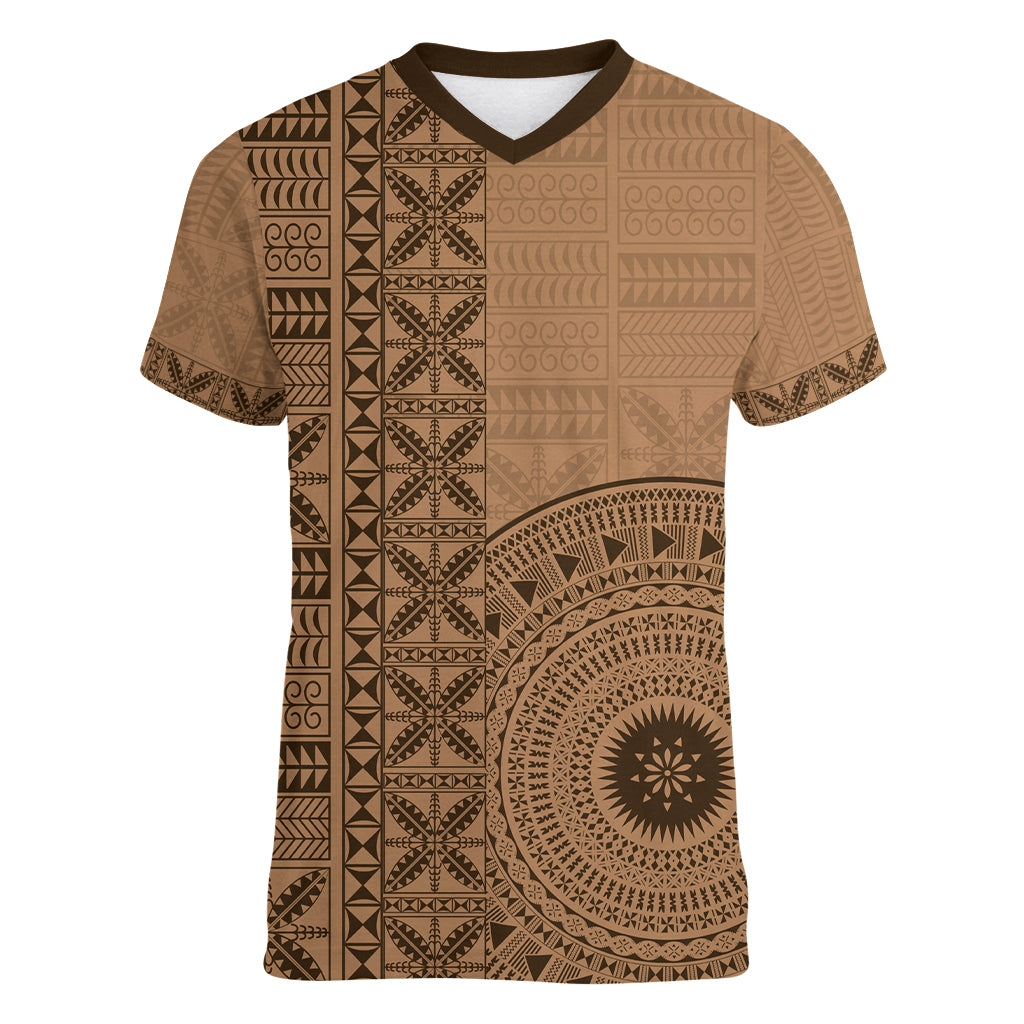 Fakaalofa Lahi Atu Niue Women V Neck T Shirt Vintage Hiapo Pattern Brown Version LT14 Female Brown - Polynesian Pride