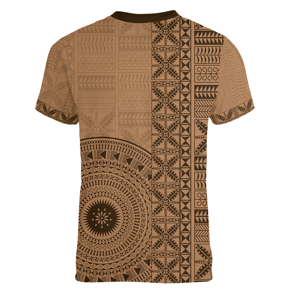 Fakaalofa Lahi Atu Niue Women V Neck T Shirt Vintage Hiapo Pattern Brown Version LT14 - Polynesian Pride