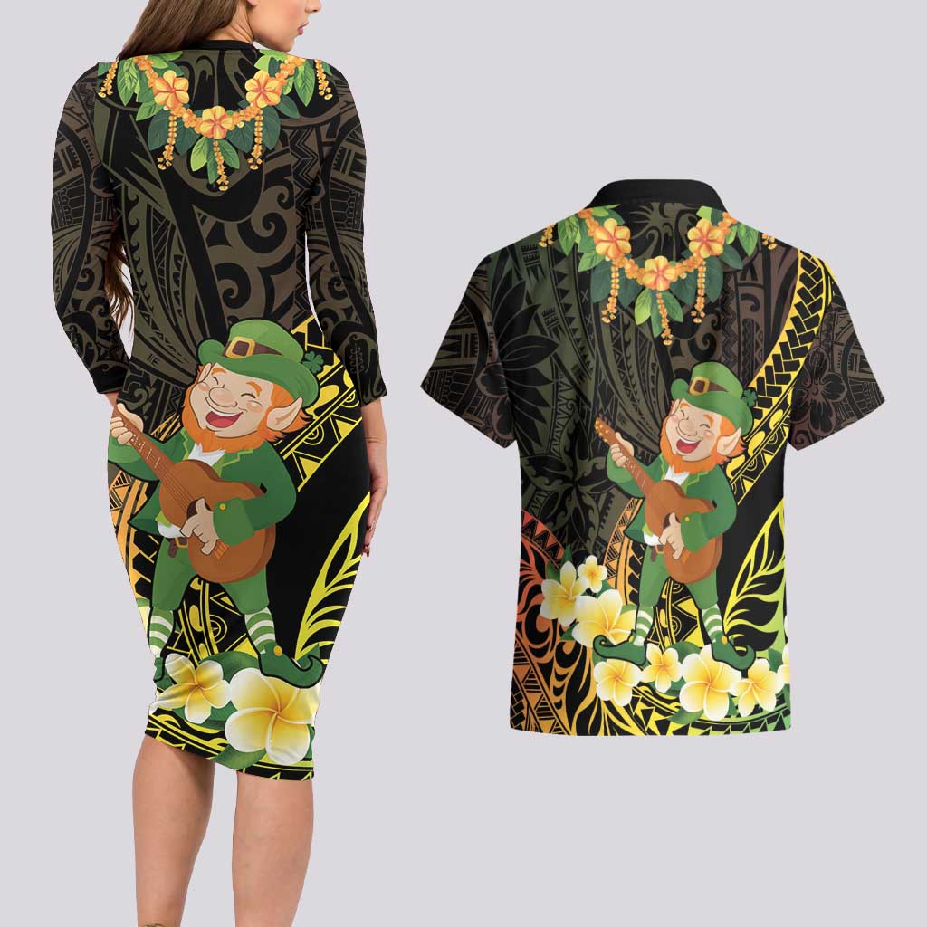 Hawaii Saint Patrick's Day Couples Matching Long Sleeve Bodycon Dress and Hawaiian Shirt Ukulele Leprechaun Hau'Oli Maoli Oe!