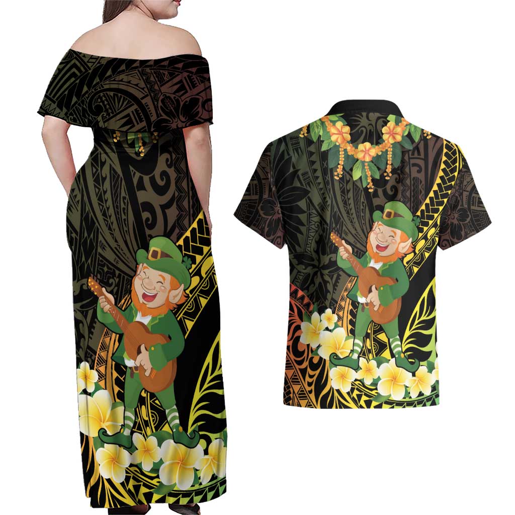 Hawaii Saint Patrick's Day Couples Matching Off Shoulder Maxi Dress and Hawaiian Shirt Ukulele Leprechaun Hau'Oli Maoli Oe!