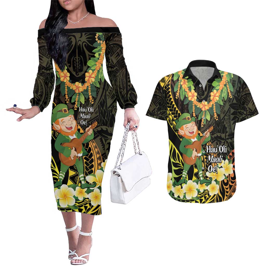 Hawaii Saint Patrick's Day Couples Matching Off The Shoulder Long Sleeve Dress and Hawaiian Shirt Ukulele Leprechaun Hau'Oli Maoli Oe!