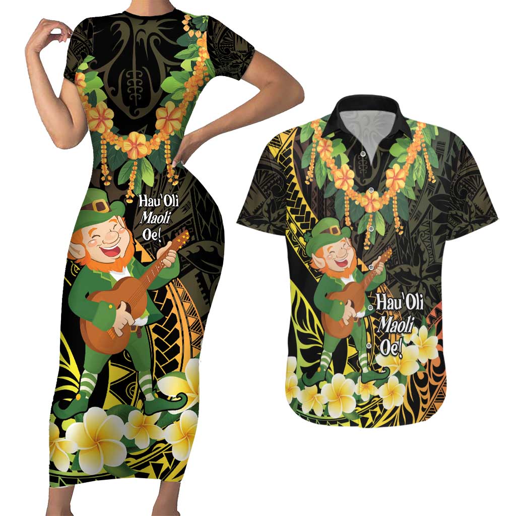Hawaii Saint Patrick's Day Couples Matching Short Sleeve Bodycon Dress and Hawaiian Shirt Ukulele Leprechaun Hau'Oli Maoli Oe!
