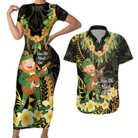 Hawaii Saint Patrick's Day Couples Matching Short Sleeve Bodycon Dress and Hawaiian Shirt Ukulele Leprechaun Hau'Oli Maoli Oe!