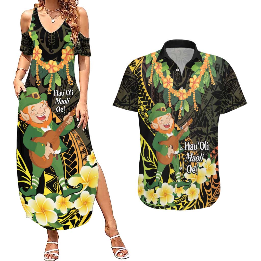 Hawaii Saint Patrick's Day Couples Matching Summer Maxi Dress and Hawaiian Shirt Ukulele Leprechaun Hau'Oli Maoli Oe!