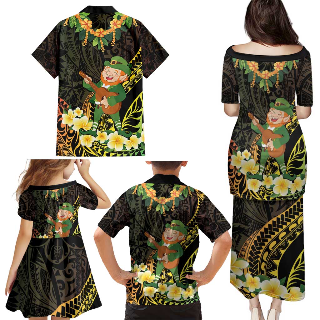 Hawaii Saint Patrick's Day Family Matching Puletasi and Hawaiian Shirt Ukulele Leprechaun Hau'Oli Maoli Oe!