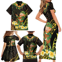 Hawaii Saint Patrick's Day Family Matching Short Sleeve Bodycon Dress and Hawaiian Shirt Ukulele Leprechaun Hau'Oli Maoli Oe!