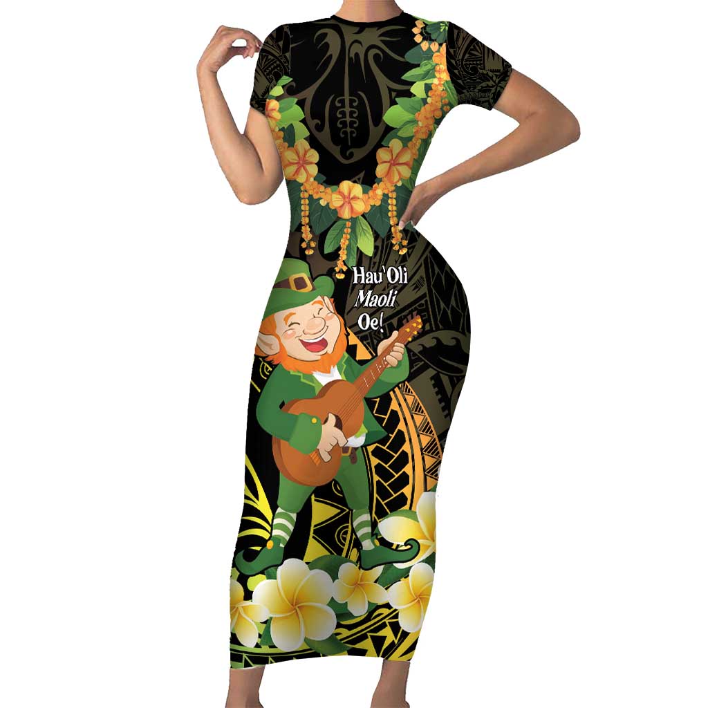 Hawaii Saint Patrick's Day Family Matching Short Sleeve Bodycon Dress and Hawaiian Shirt Ukulele Leprechaun Hau'Oli Maoli Oe!