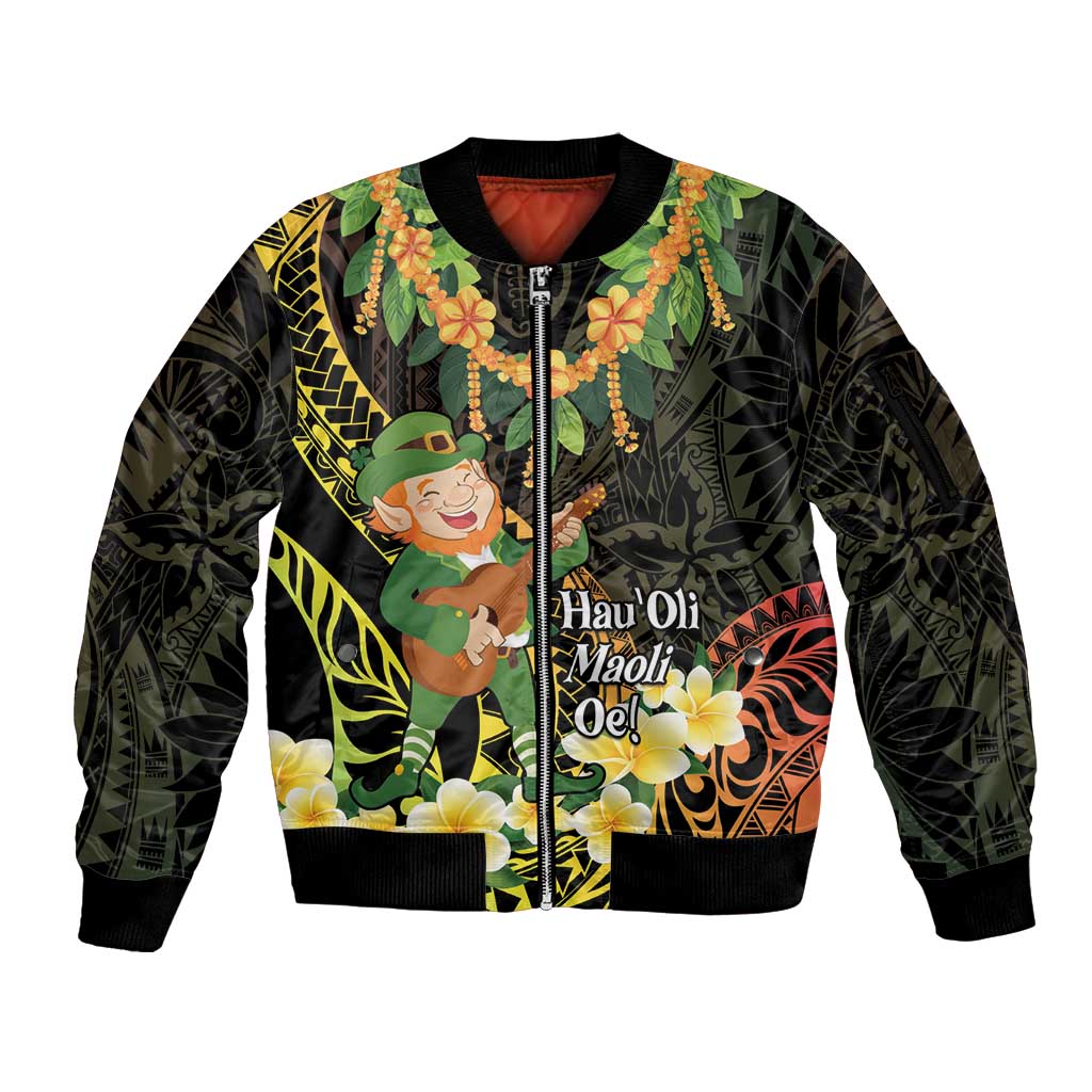Hawaii Saint Patrick's Day Sleeve Zip Bomber Jacket Ukulele Leprechaun Hau'Oli Maoli Oe! LT14 Unisex Reggae - Polynesian Pride