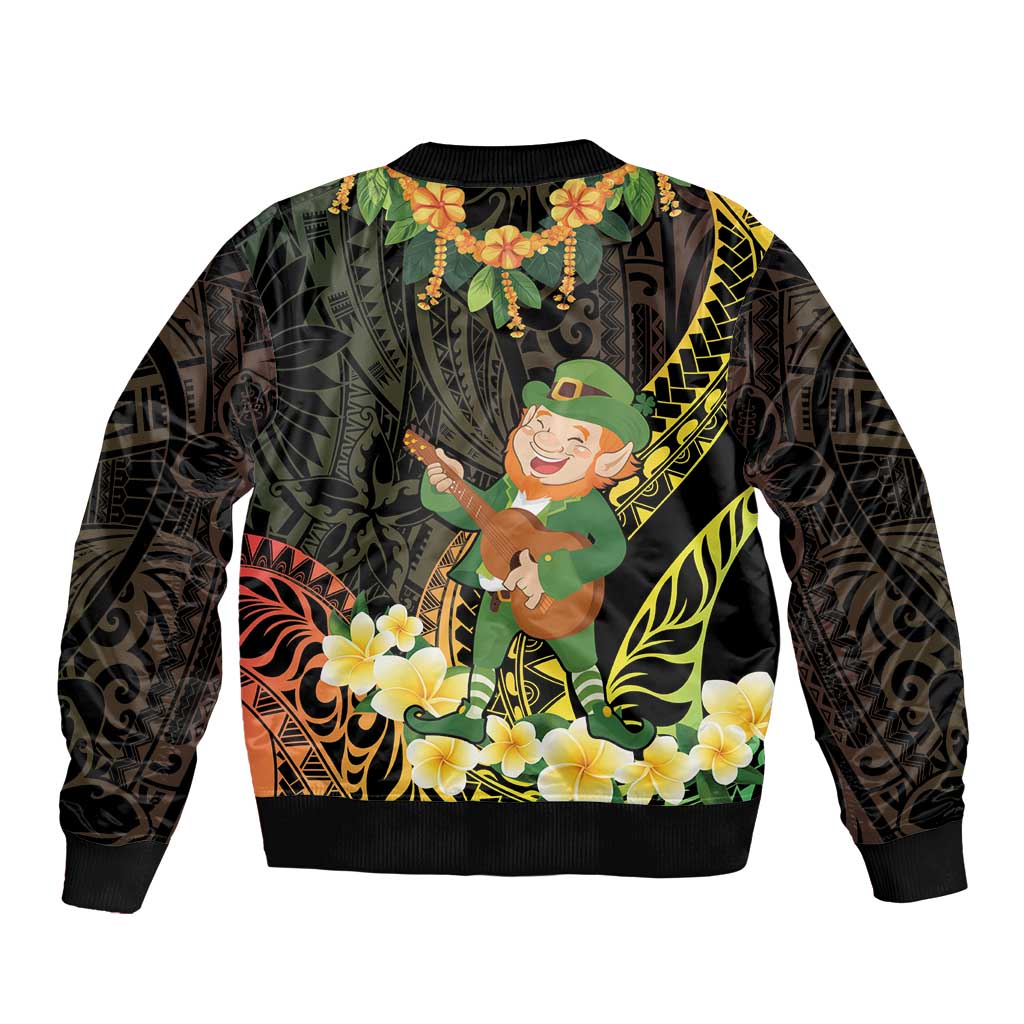 Hawaii Saint Patrick's Day Sleeve Zip Bomber Jacket Ukulele Leprechaun Hau'Oli Maoli Oe!