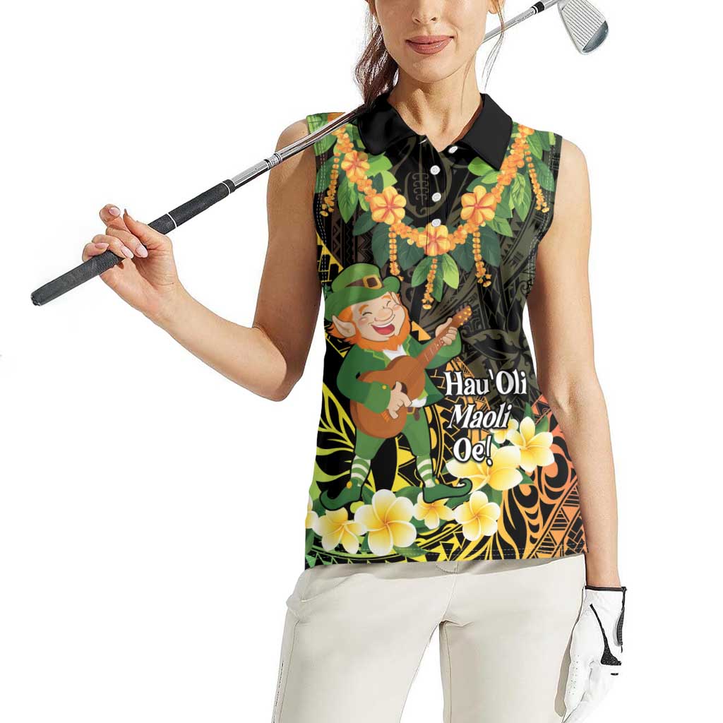 Hawaii Saint Patrick's Day Women Sleeveless Polo Shirt Ukulele Leprechaun Hau'Oli Maoli Oe!