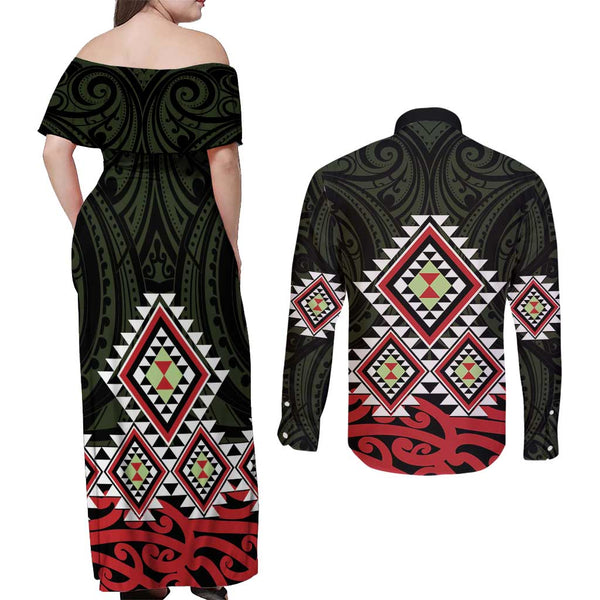 Personalised New Zealand Couples Matching Off Shoulder Short Dress and Long Sleeve Button Shirts Aotearoa Maori Kiwi Green Fern LT01 main image 1