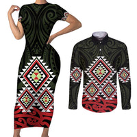 Kia Ora Aotearoa Couples Matching Short Sleeve Bodycon Dress and Long Sleeve Button Shirt 2025 Pasifika Maori Taniko Motifs