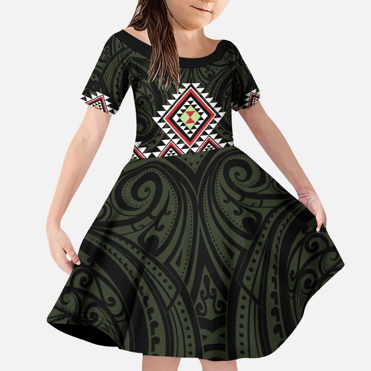 Kia Ora Aotearoa Kid Short Sleeve Dress 2025 Pasifika Maori Taniko Motifs