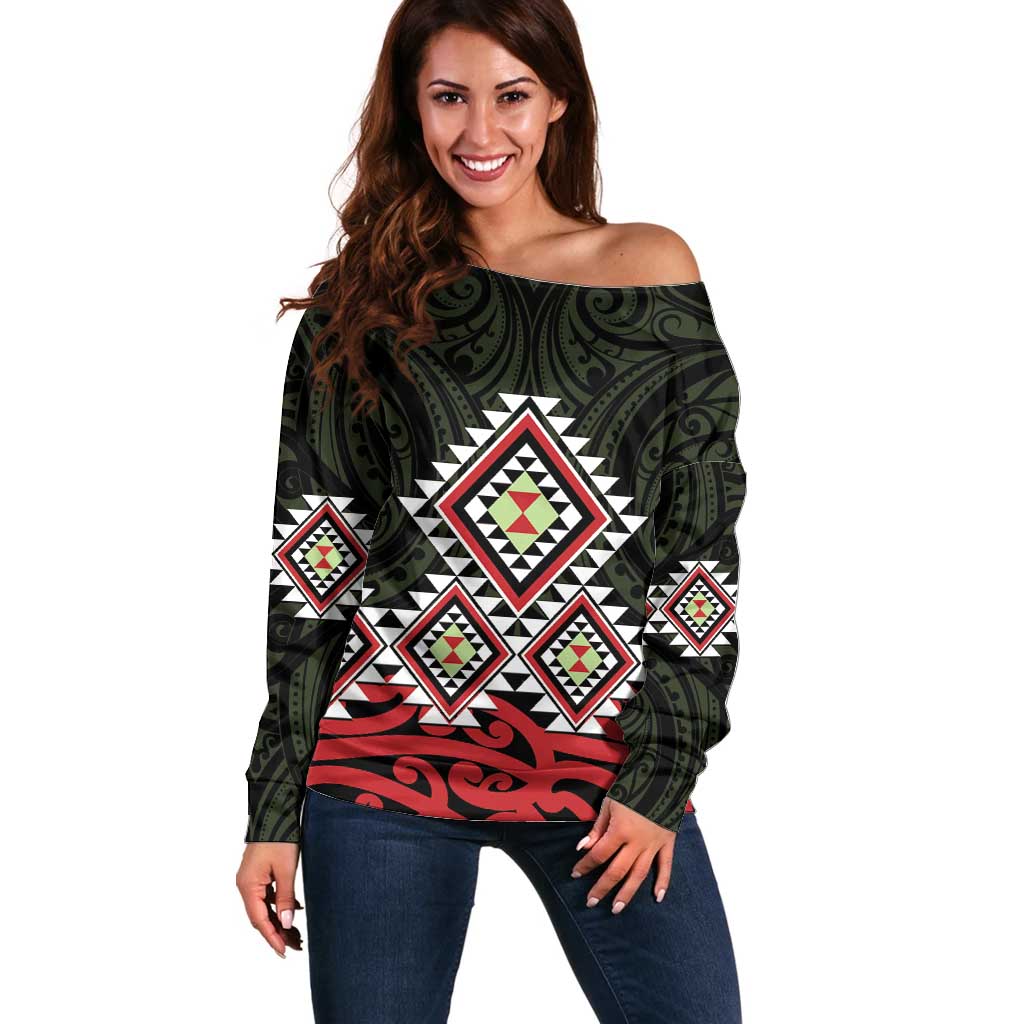 Kia Ora Aotearoa Off Shoulder Sweater 2025 Pasifika Maori Taniko Motifs