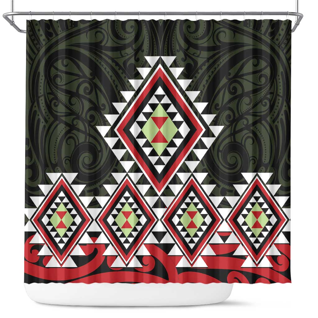 Kia Ora Aotearoa Shower Curtain 2025 Pasifika Maori Taniko Motifs LT14 Black - Polynesian Pride