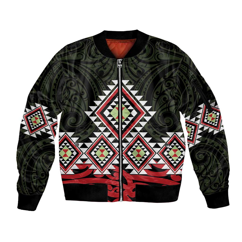 Kia Ora Aotearoa Sleeve Zip Bomber Jacket 2025 Pasifika Maori Taniko Motifs LT14 Unisex Black - Polynesian Pride
