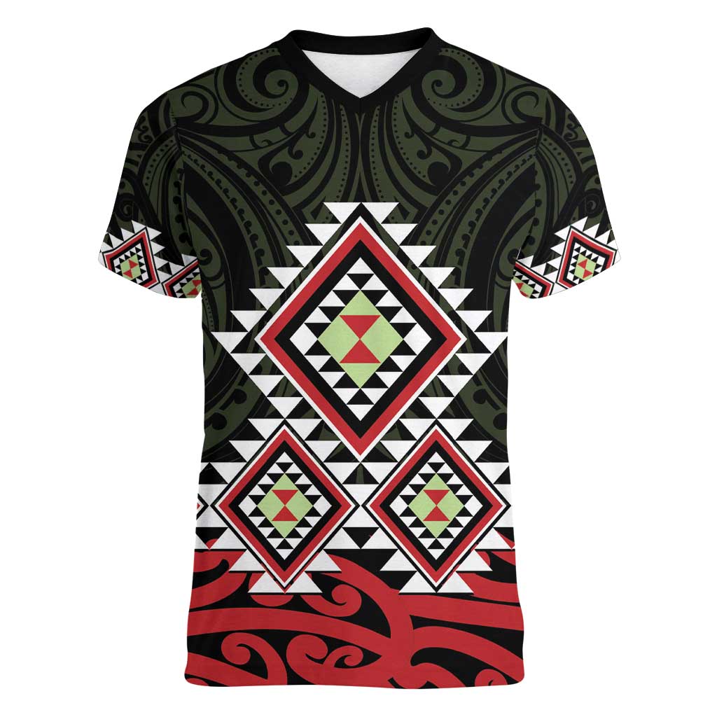 Kia Ora Aotearoa Women V-Neck T-Shirt 2025 Pasifika Maori Taniko Motifs