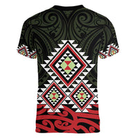 Kia Ora Aotearoa Women V-Neck T-Shirt 2025 Pasifika Maori Taniko Motifs