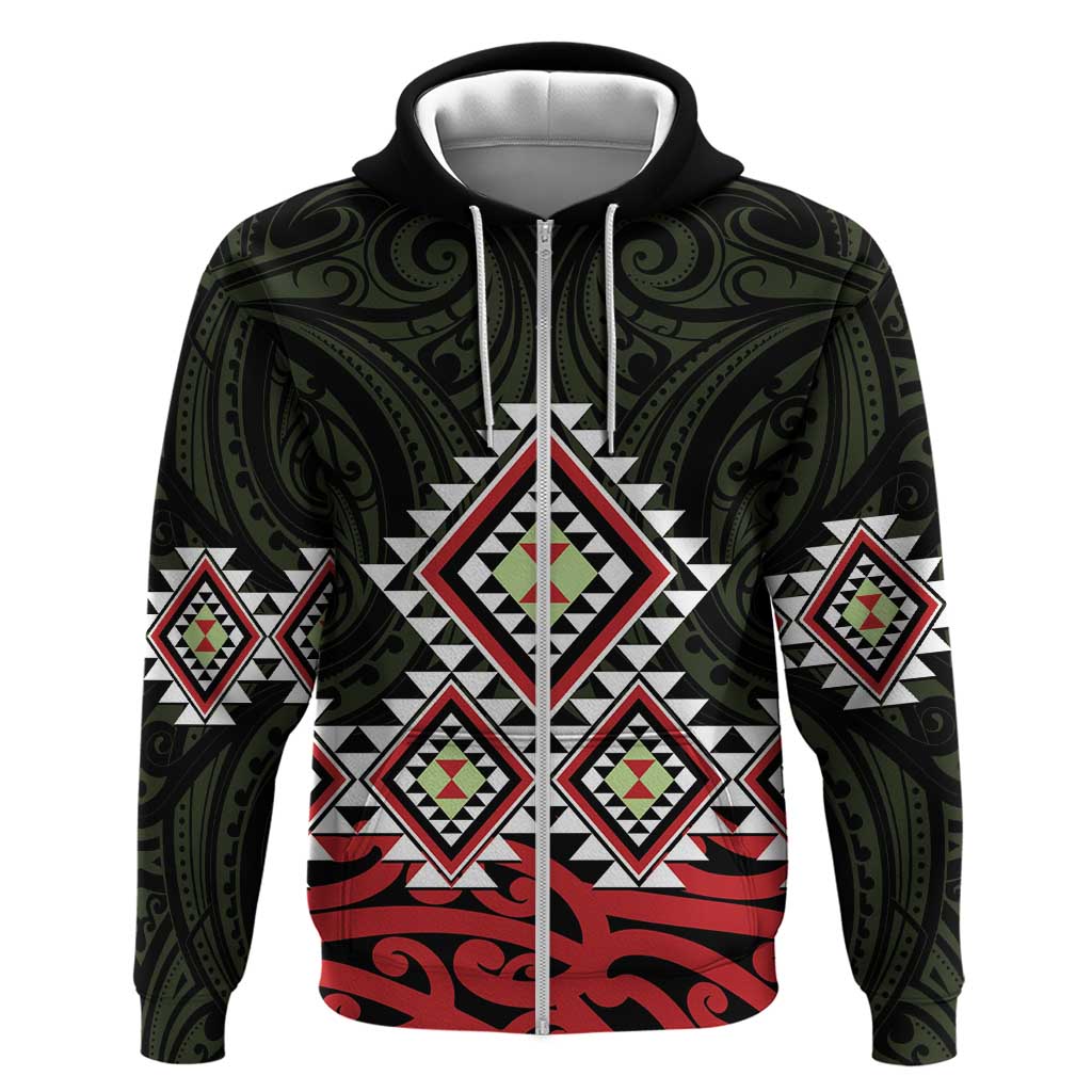 Kia Ora Aotearoa Zip Hoodie 2025 Pasifika Maori Taniko Motifs LT14 Zip Hoodie Black - Polynesian Pride