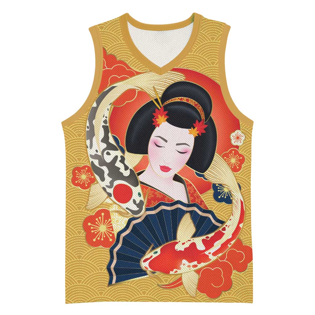 Japanese Geisha Koi Fish Basketball Jersey Cherry Blossoms Yellow Seigaiha Pattern - Polynesian Pride