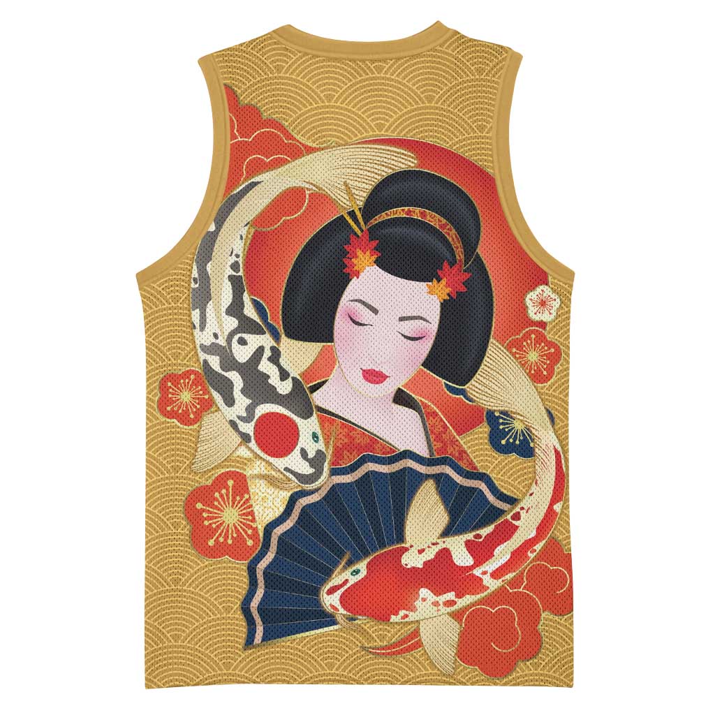 Japanese Geisha Koi Fish Basketball Jersey Cherry Blossoms Yellow Seigaiha Pattern - Polynesian Pride