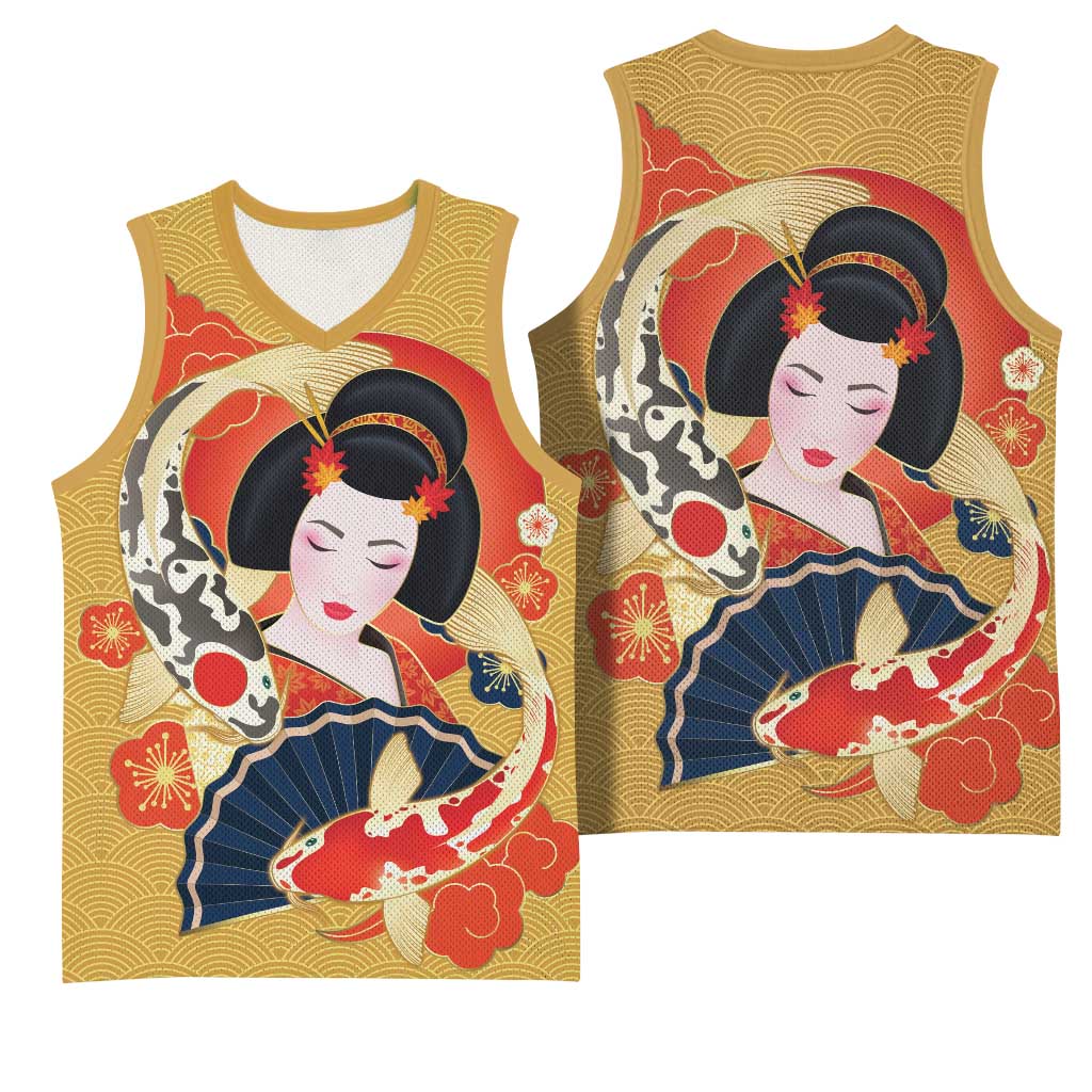 Japanese Geisha Koi Fish Basketball Jersey Cherry Blossoms Yellow Seigaiha Pattern - Polynesian Pride