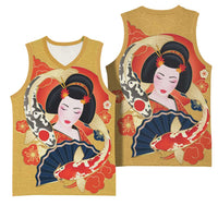 Japanese Geisha Koi Fish Basketball Jersey Cherry Blossoms Yellow Seigaiha Pattern - Polynesian Pride