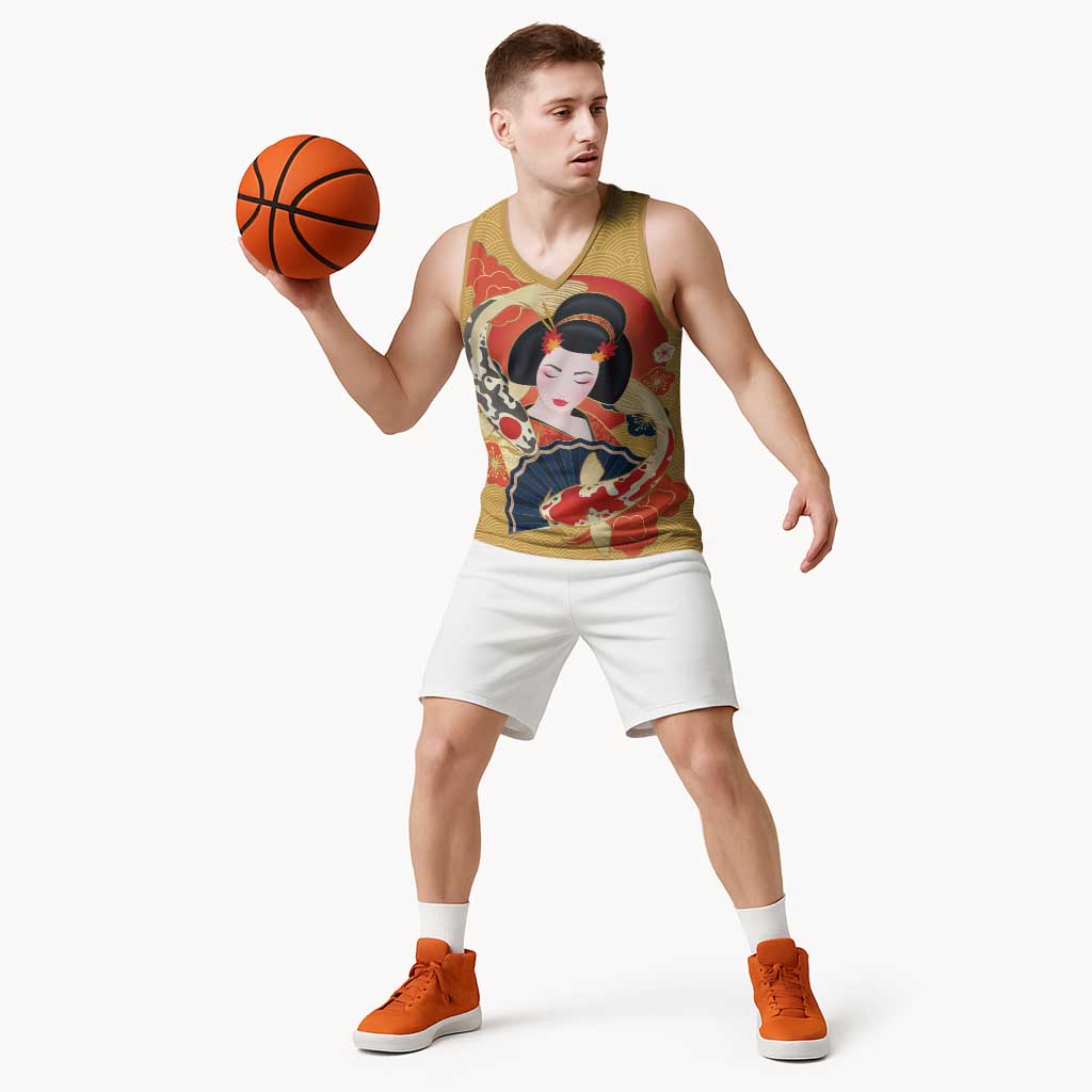 Japanese Geisha Koi Fish Basketball Jersey Cherry Blossoms Yellow Seigaiha Pattern - Polynesian Pride