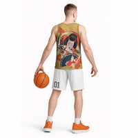Japanese Geisha Koi Fish Basketball Jersey Cherry Blossoms Yellow Seigaiha Pattern - Polynesian Pride